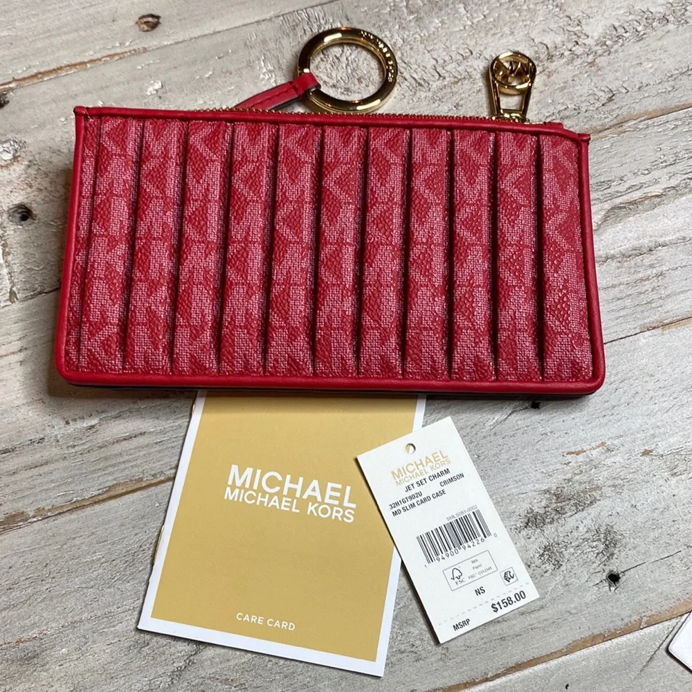 NWT MICHAEL KORS MK MD SLIM CARD CASE RED BRAND NEW Retail $158 AUTHENTIC WOW!!